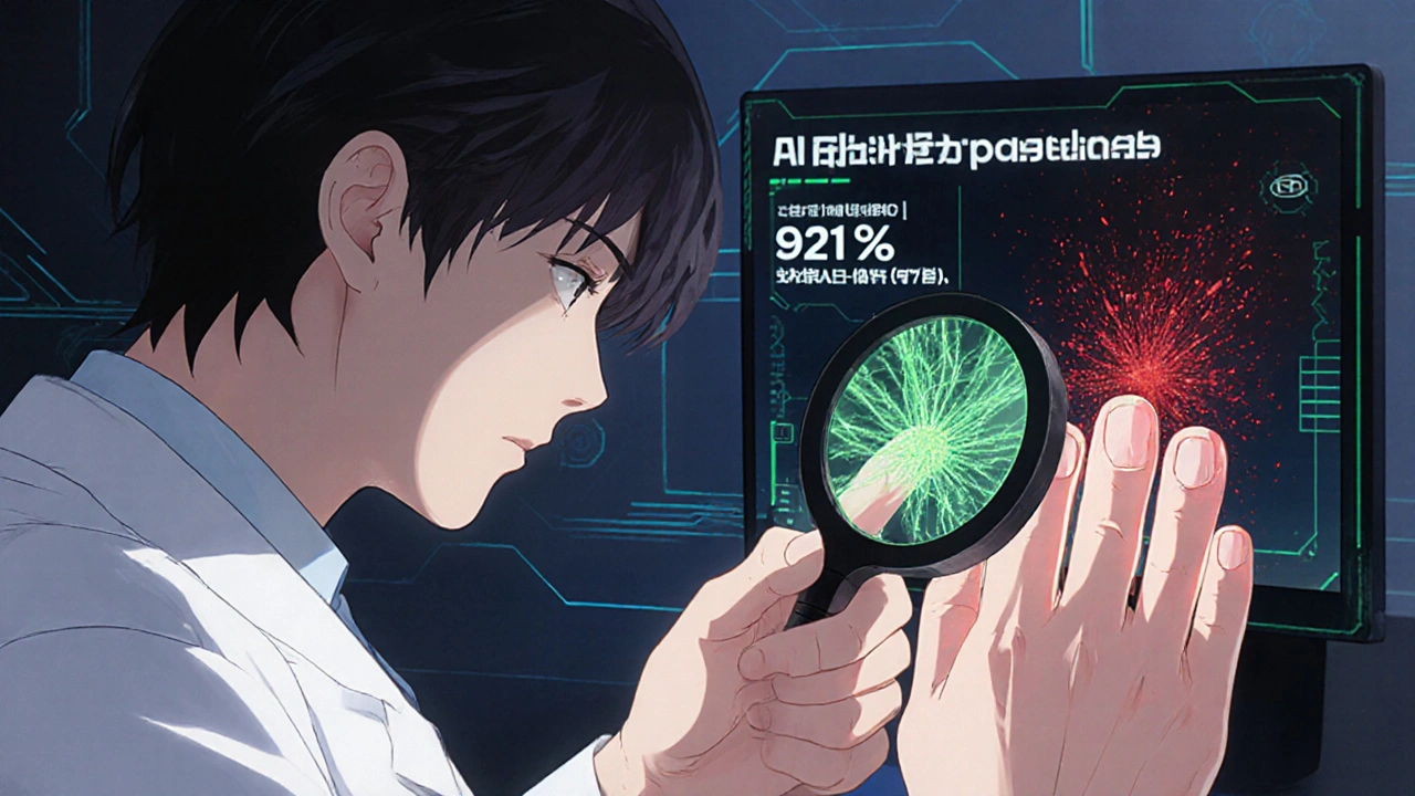 Dermatologist examining a nail with a magnifying lens, fungal threads and immune cells glowing visibly under light in a clinical setting.