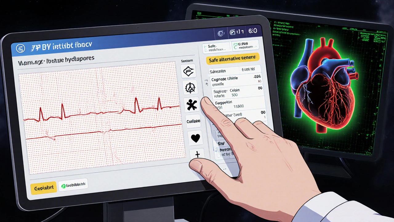 Doctor viewing an ECG with Torsade de Pointes rhythm, beside a tablet showing CredibleMeds warning and genetic test results.