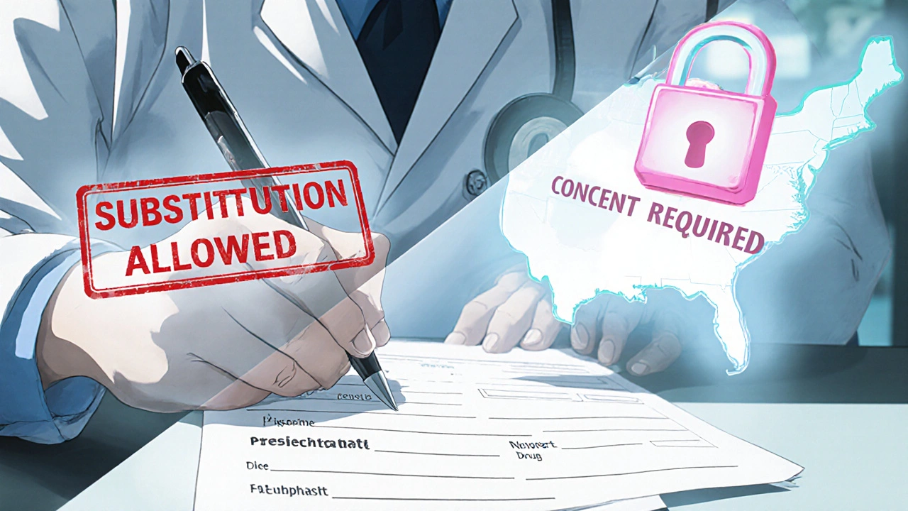 Doctor writing a prescription with state-specific substitution rules appearing as glowing overlays.