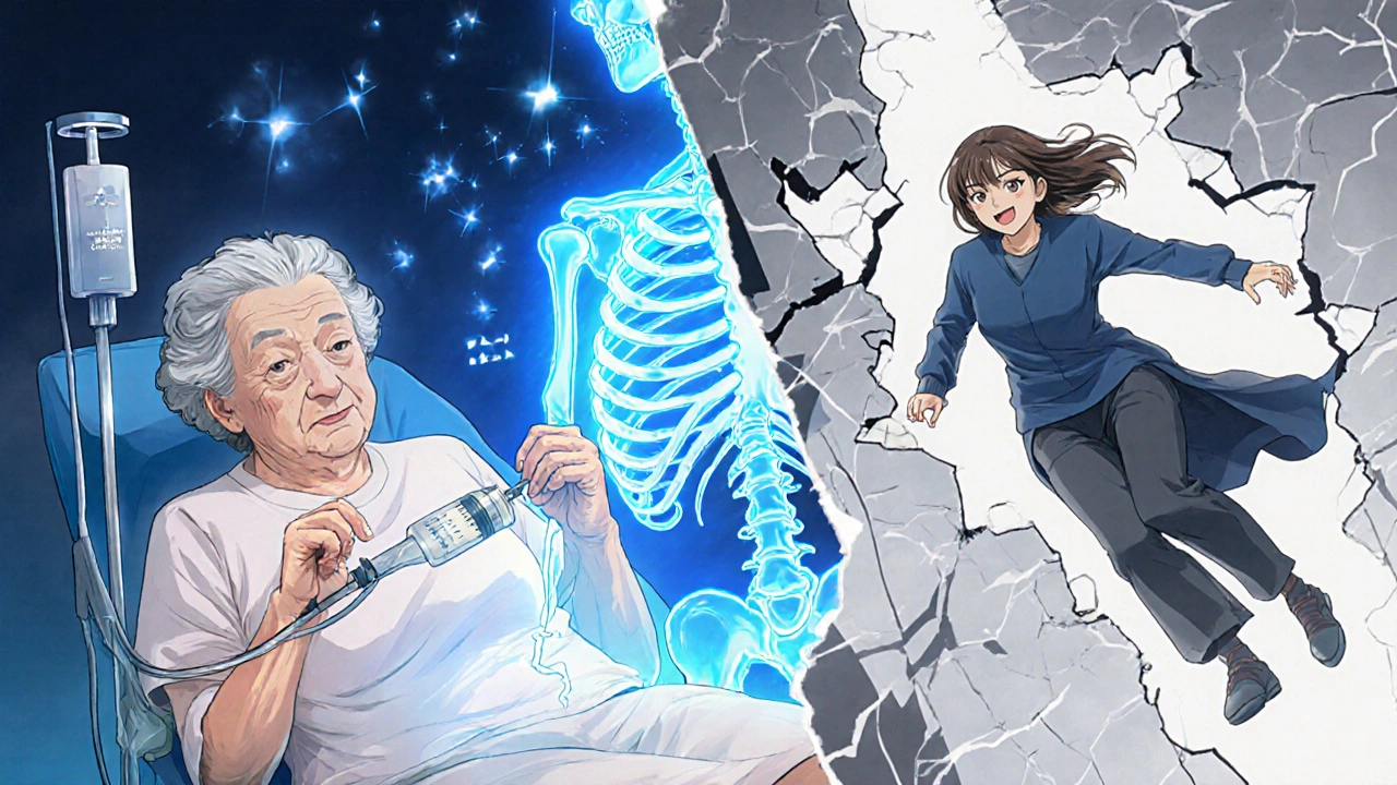 Elderly woman receiving IV bone treatment on one side, falling with fractured bones on the other in dramatic contrast.