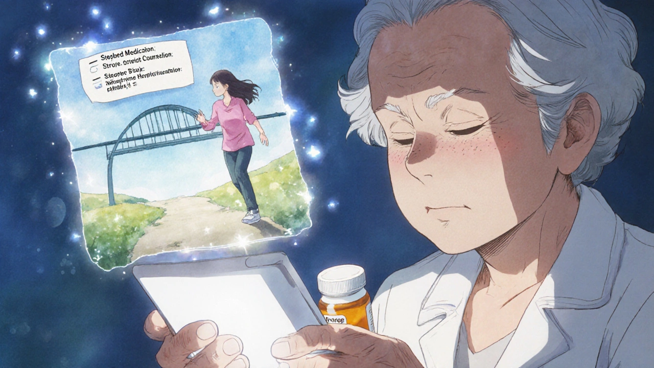 Elderly woman watches a multilingual counseling video on a tablet, as a glowing bridge forms between her and a healthier version of herself.