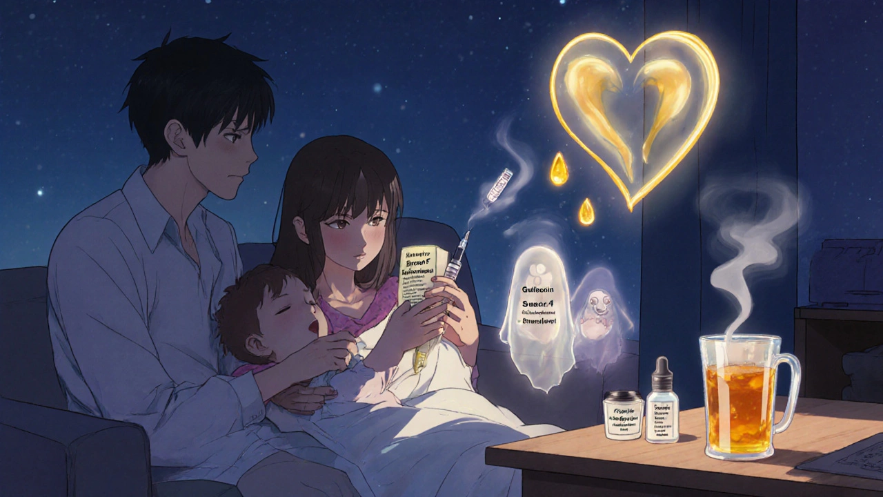 Family giving honey to child with saline drops and steam rising, ineffective pills fading away.