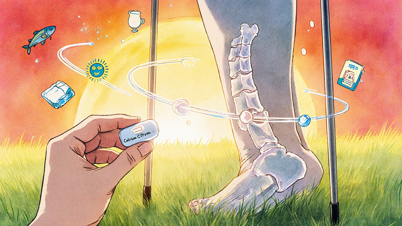 Hand holding calcium tablet beside a walking cane, glowing bones strengthening as sun and food icons orbit nearby.