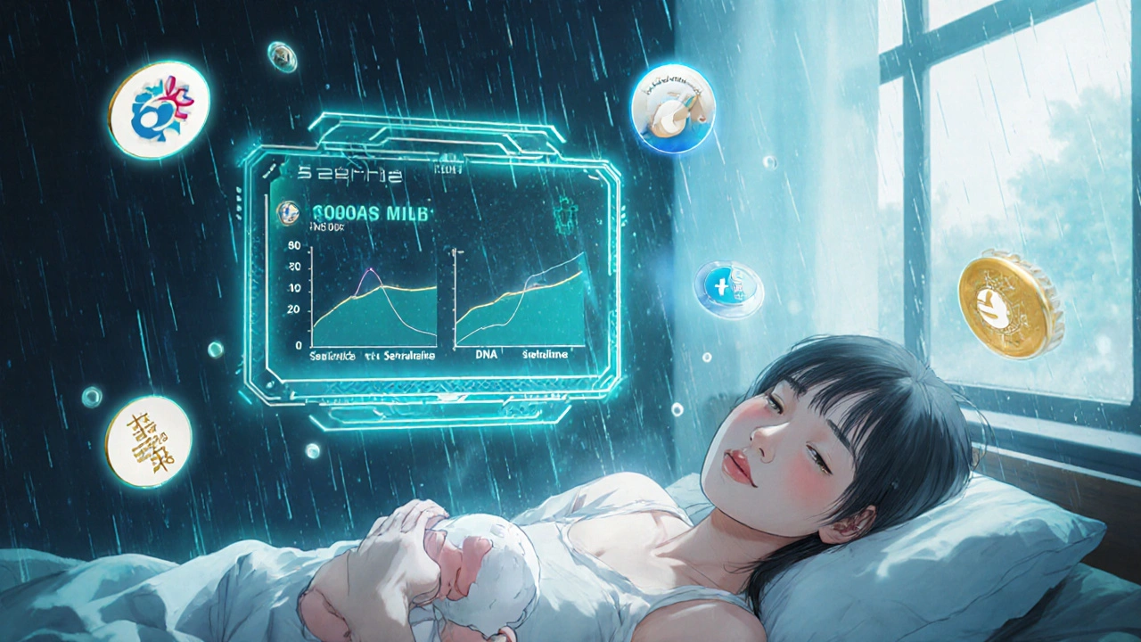 Holographic display shows drug levels in breast milk based on mother&#039;s genetics, calming scene.