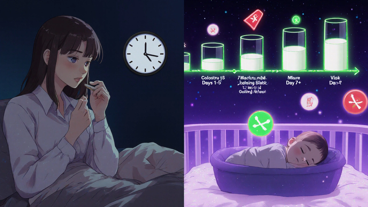 Mother takes pill after nursing at night, timeline shows milk development and safety levels.