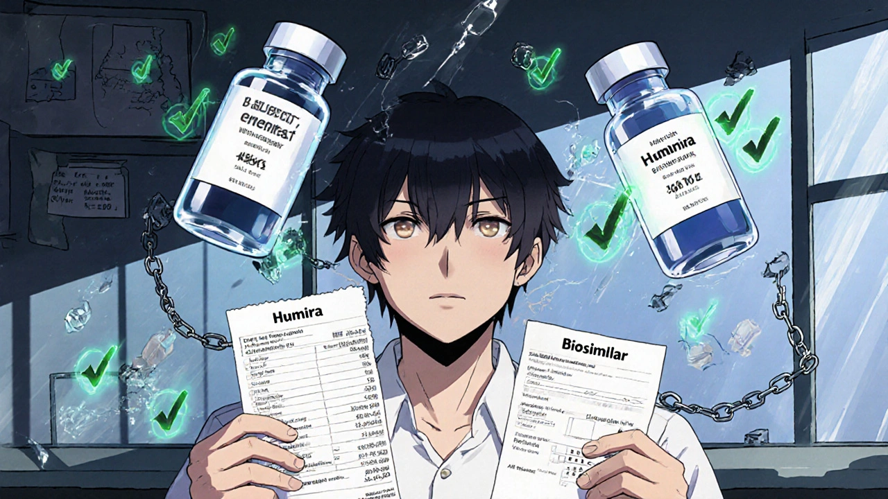 Patient comparing drug prices with biosimilar vials and state restriction chains in the air.