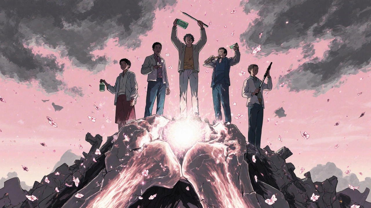 Patients rebuilding damaged joints with treatment tools as shadows recede in anime style.