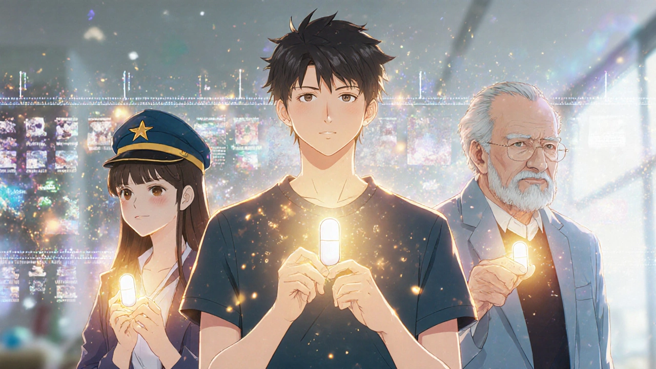 People from different walks of life holding curing pills as invisible viruses vanish around them.