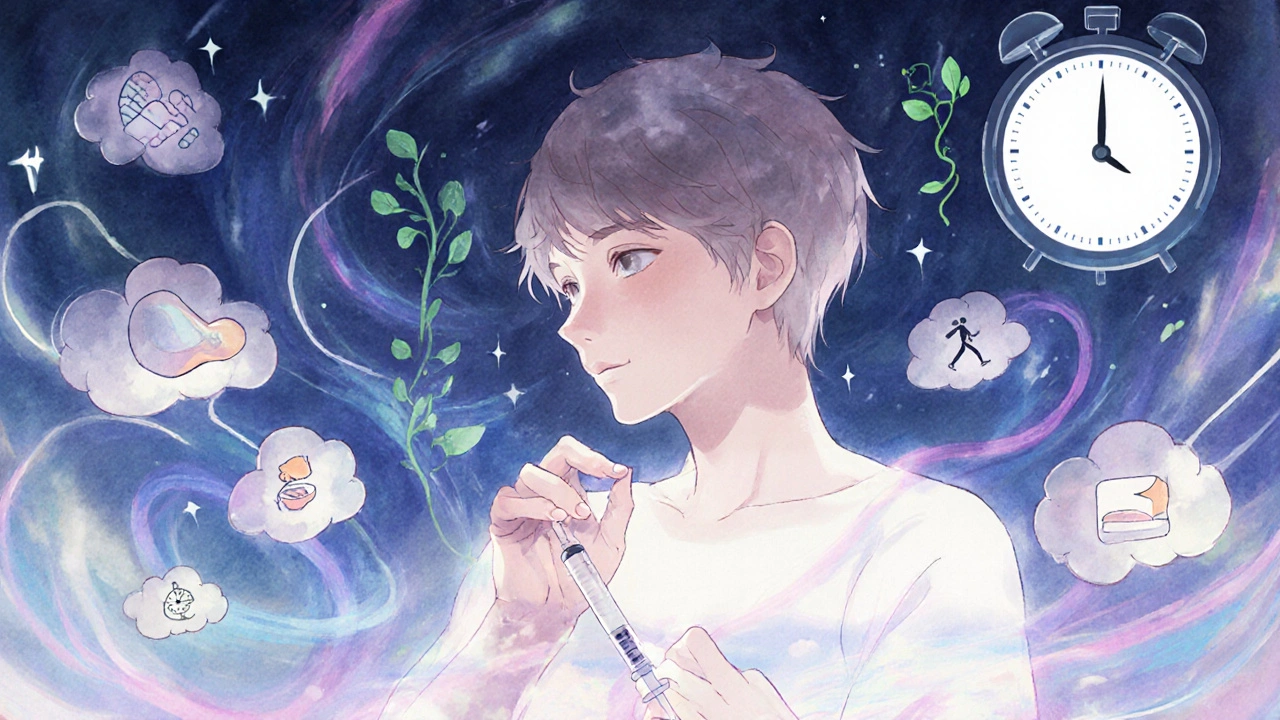 Person injecting tirzepatide at night, surrounded by calming energy fields of metabolism and lifestyle support.