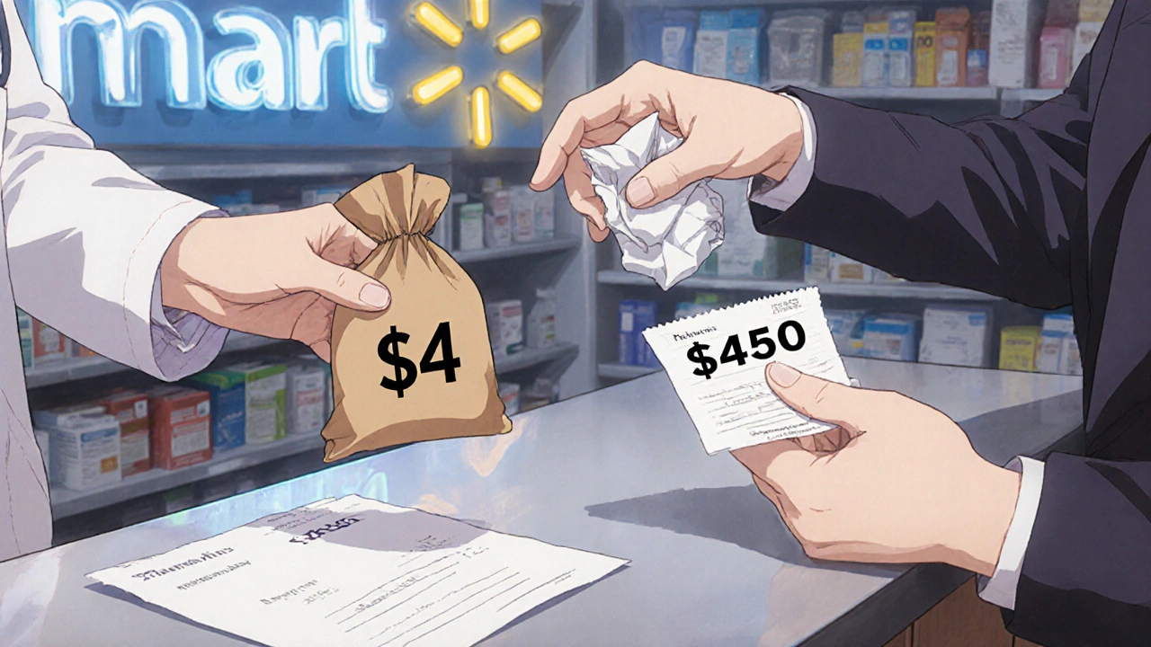 Pharmacist handing low-cost prescription at Walmart counter