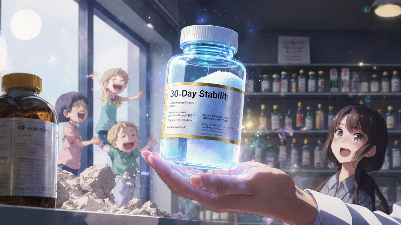 Pharmacist handing parent a futuristic dual-chamber antibiotic bottle glowing with stability energy.