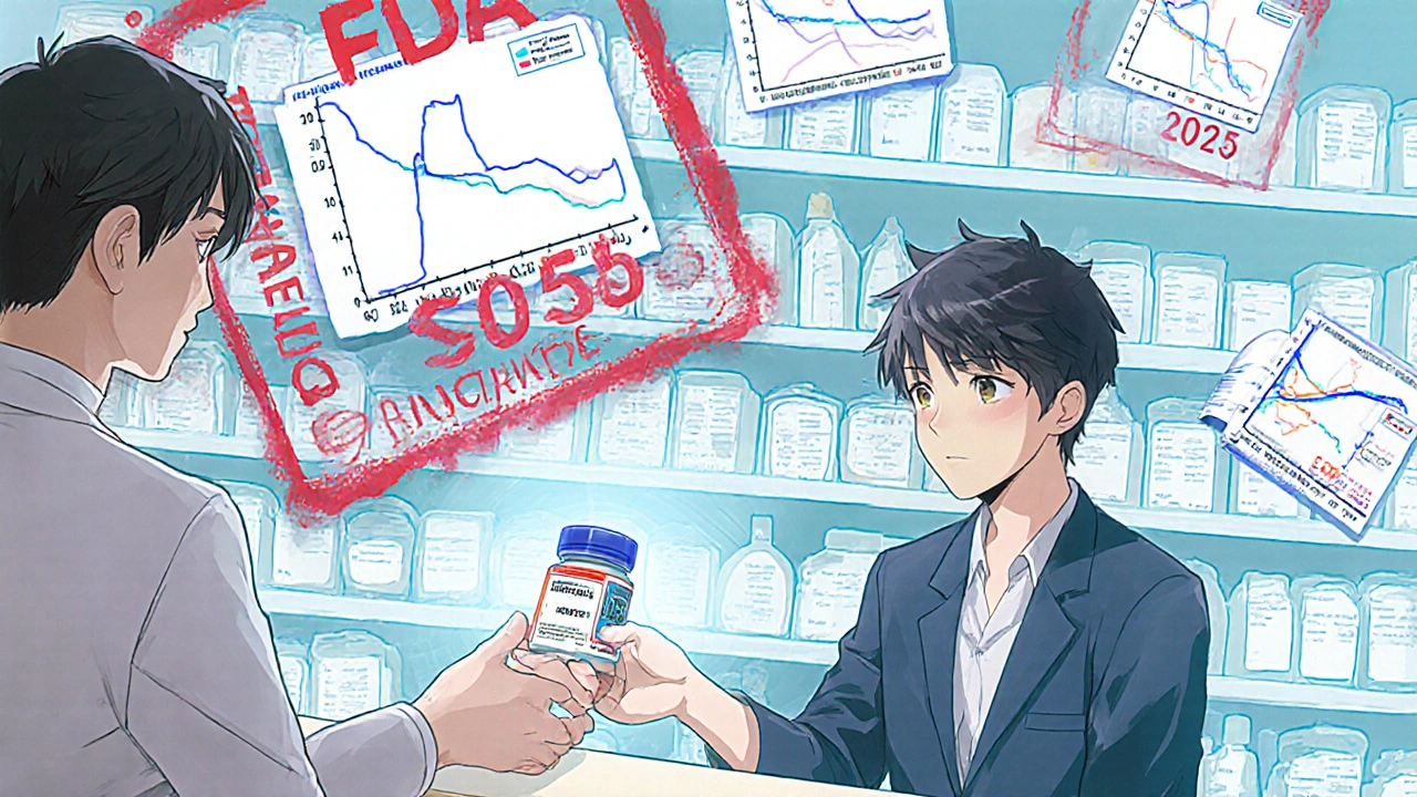 Pharmacist handing Sudafed with ID scan as phenylephrine products vanish under FDA stamp.