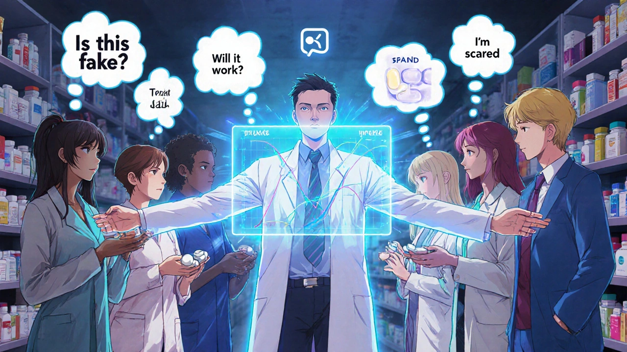 Pharmacist projects a hologram comparing brand and generic drug absorption while diverse patients look on with anxious thought bubbles.