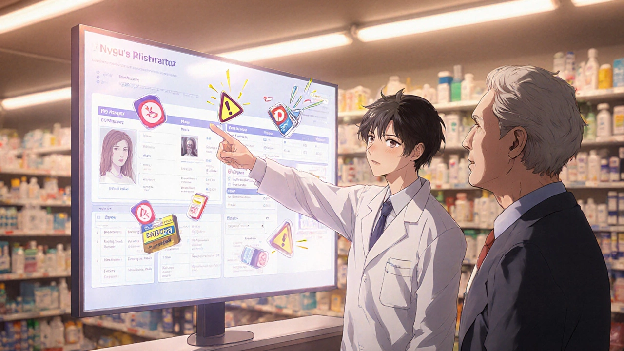 Pharmacist showing digital medication overlap warnings to an older patient in a bright pharmacy.