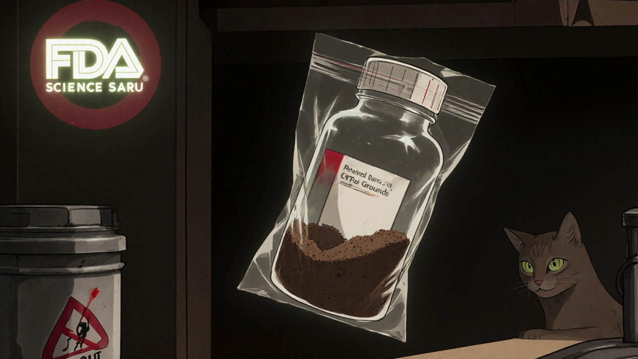 Pill bottle being safely disposed of with coffee grounds in sealed plastic bag.