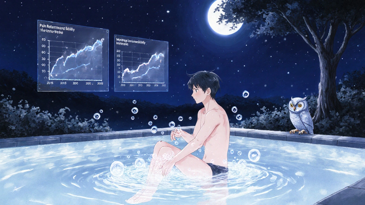 Someone doing seated water exercises at night, with glowing graphs of improvement floating above them.