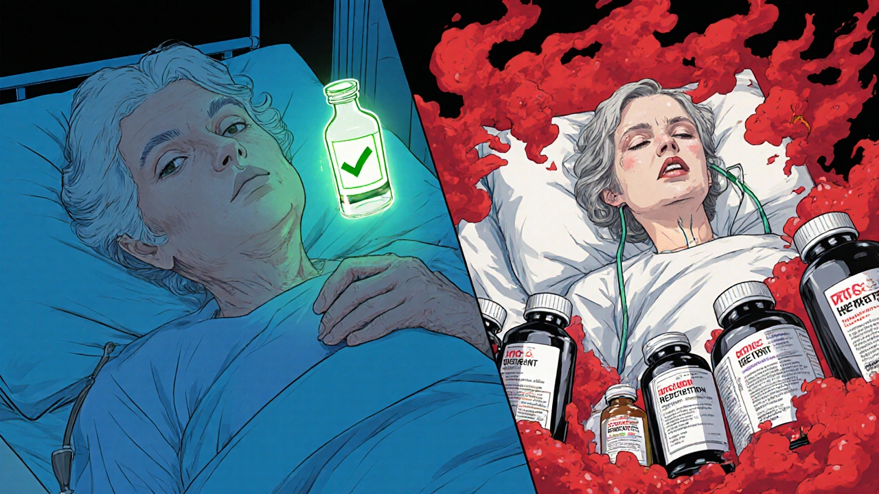 Split scene: peaceful sleep vs. hospital emergency, with toxic clouds rising from duplicate medication bottles.