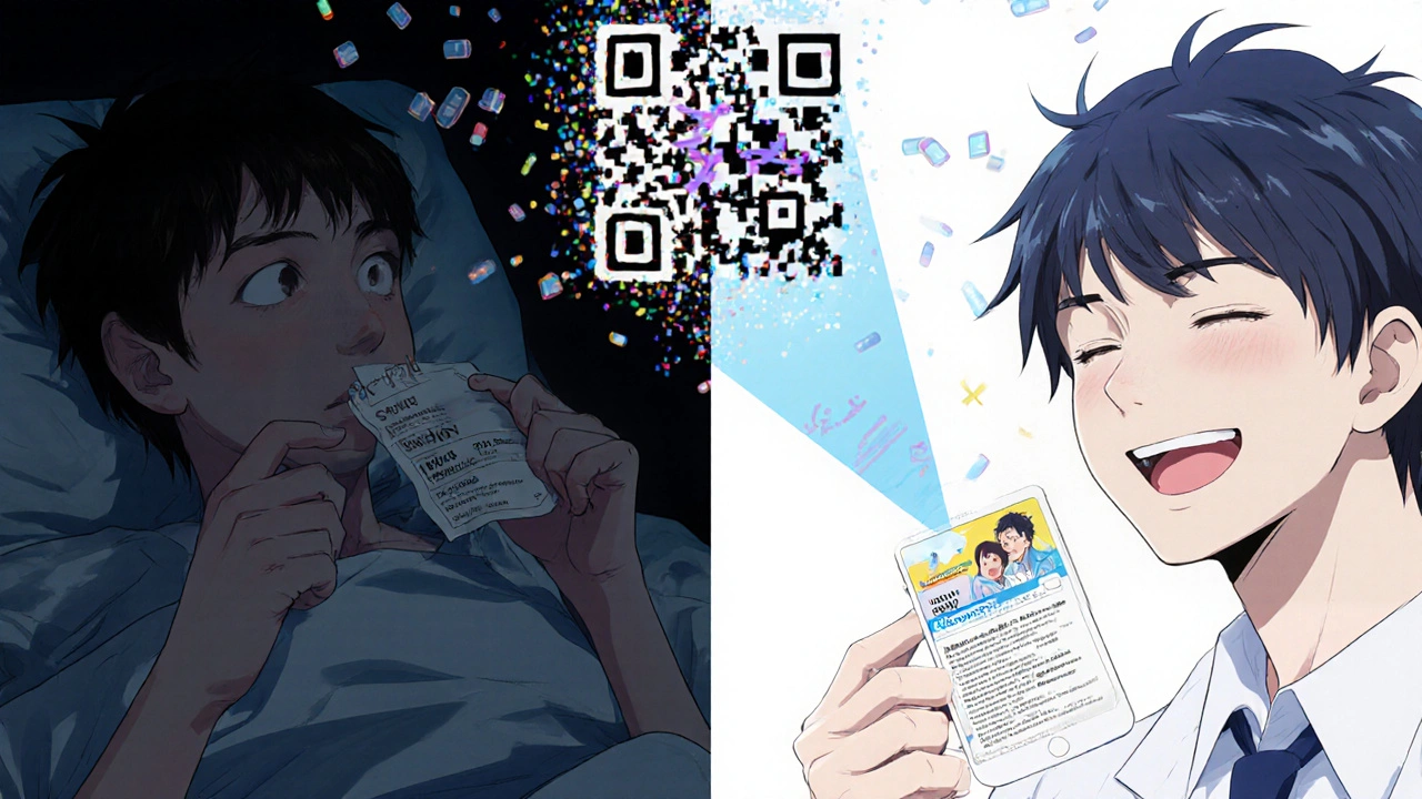 Split scene showing dangerous medication error versus safe use with voice-assisted label.