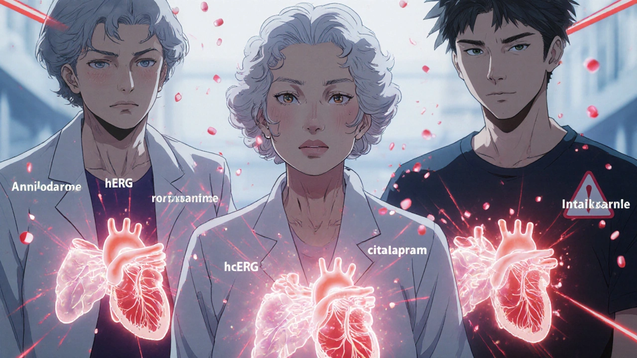 Three patients with translucent heart overlays showing hydroxyzine blocking ion channels, surrounded by warning drug names.