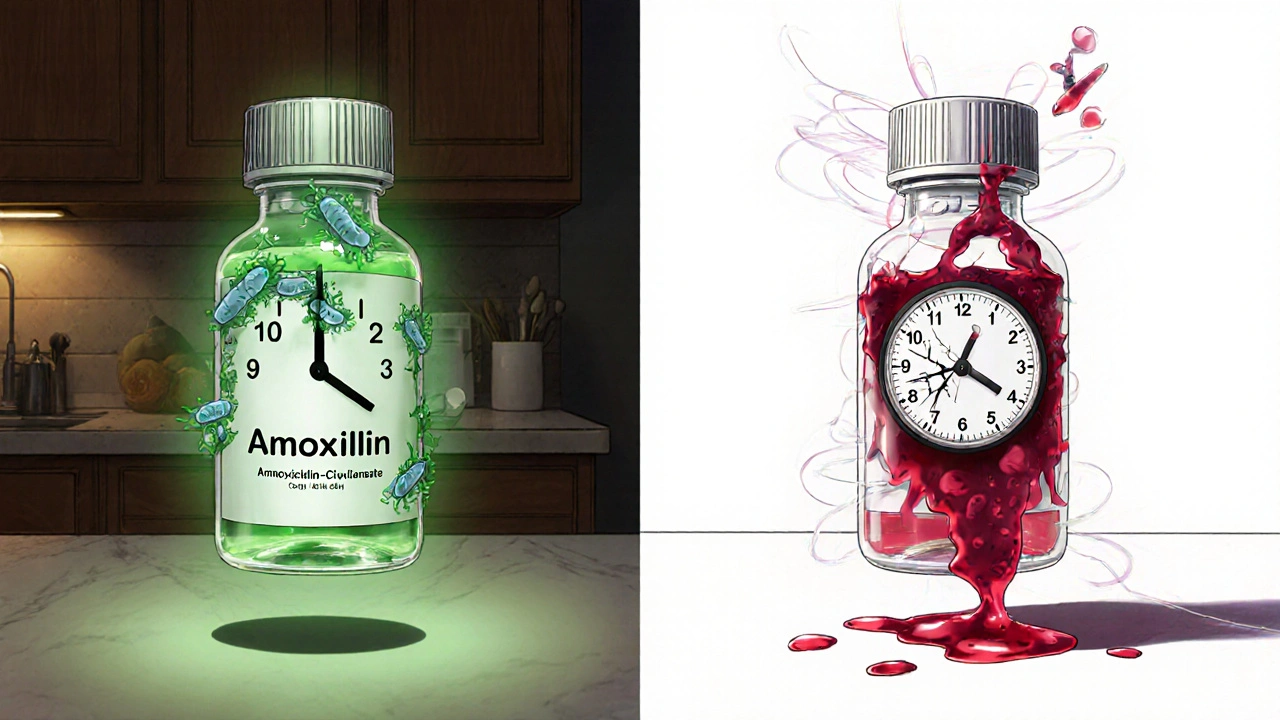 Two antibiotic bottles side by side, one stable with 14-day clock, the other degrading with 5-day clock oozing red.