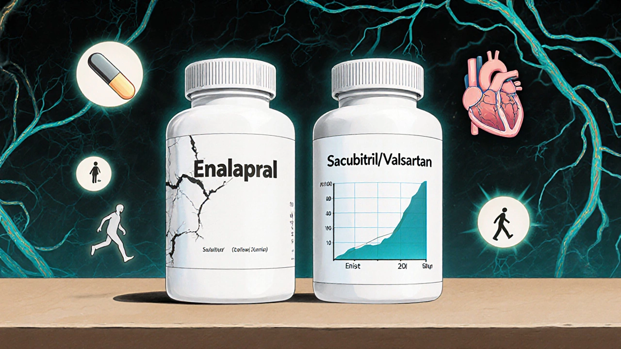 Two pill bottles side by side, one fading and one glowing, surrounded by health symbols.