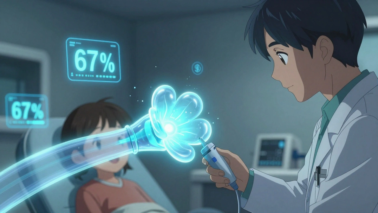 A balloon dilation procedure illuminating a blocked Eustachian tube in a clinic.