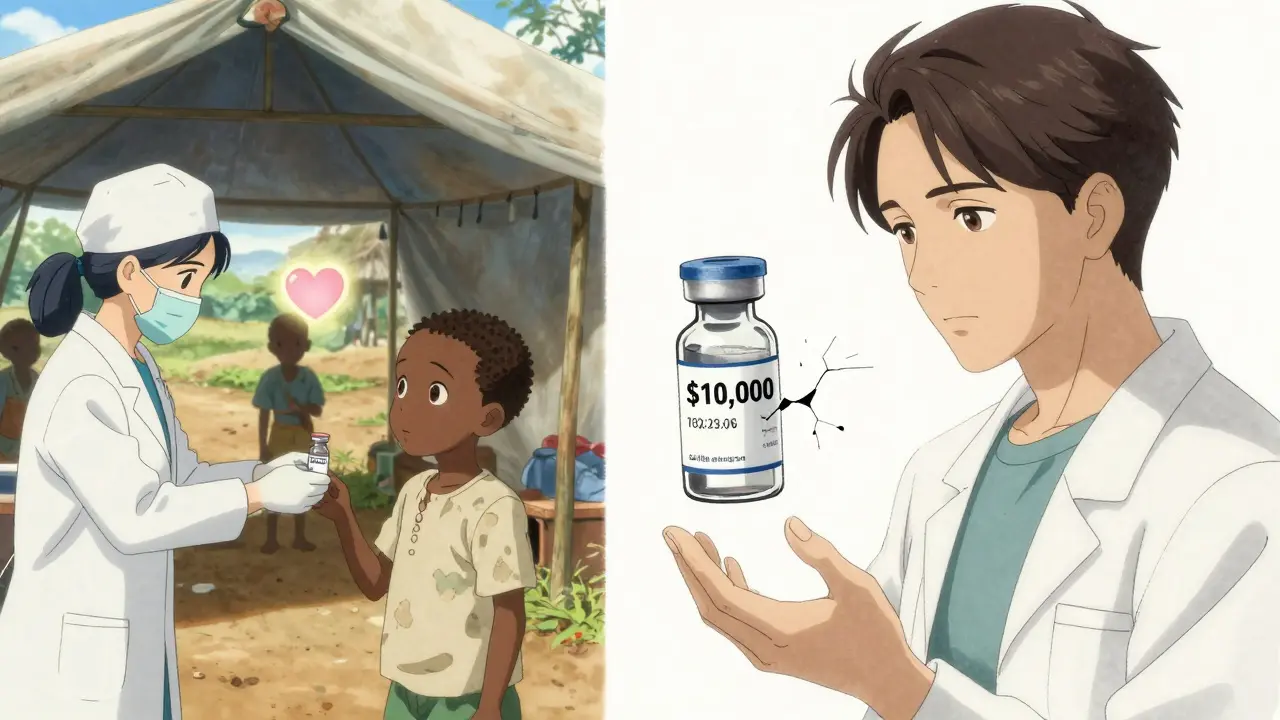 A child in Africa receives generic antibiotics while a wealthy patient faces a costly biologic injection.