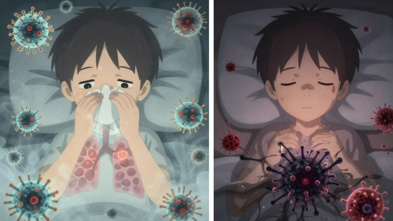 A child with a viral infection, showing mist-like viruses entering lungs, followed by a secondary bacterial infection spreading like ink.