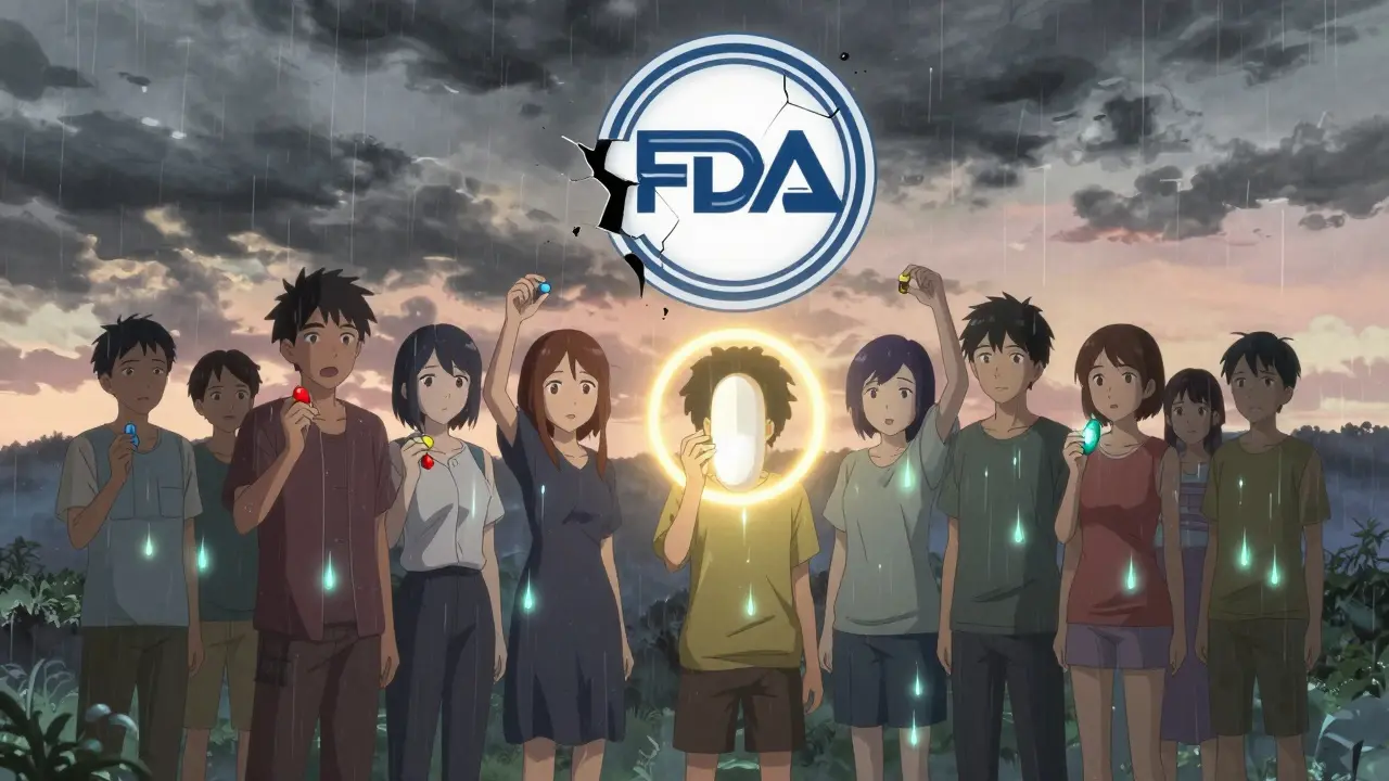 A circle of patients holding different generic pills, one brand pill glowing in the center, cracked FDA seal above them.