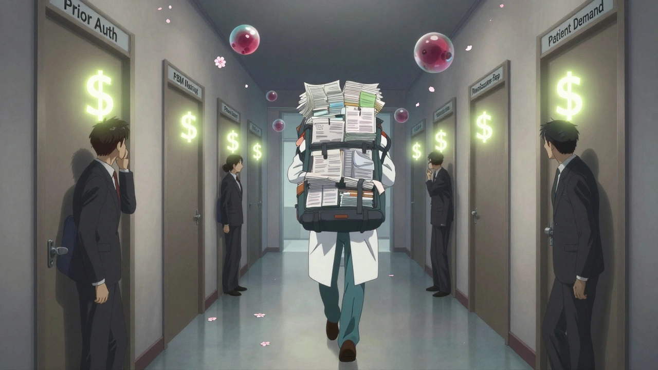 A doctor walking through a surreal hallway of healthcare barriers, burdened by paperwork and corporate whispers.