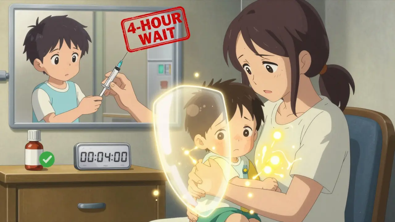 A feverish toddler surrounded by glowing antibodies, with a 4-hour timer visible nearby.