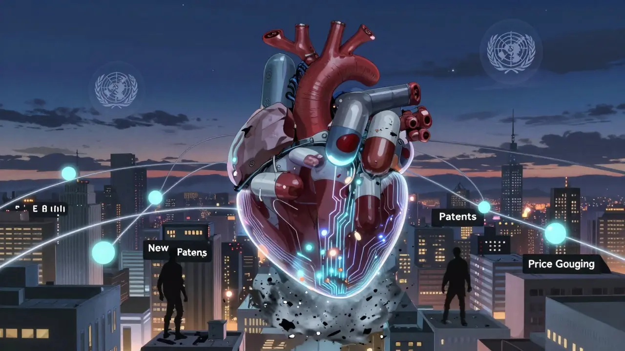 A giant heart made of generic pills powers global healthcare networks, crushing patent shadows.