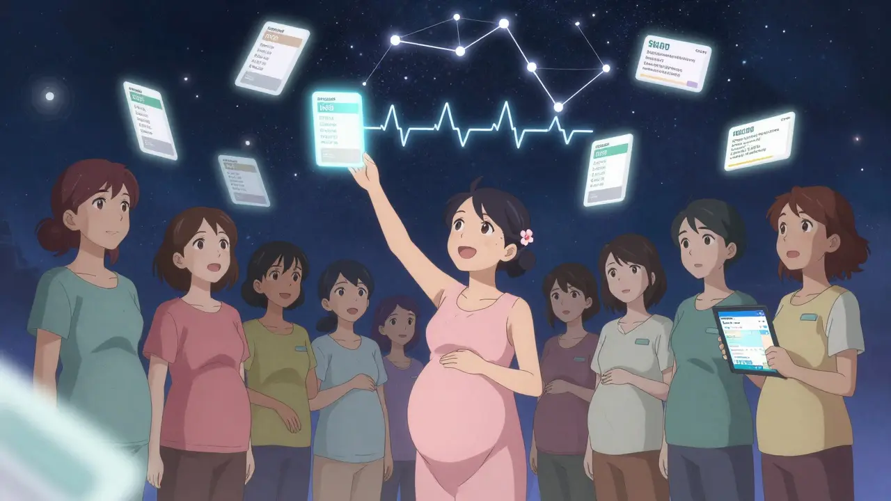 A group of women surrounded by floating drug labels with real-time data, symbolizing informed healthcare decisions.