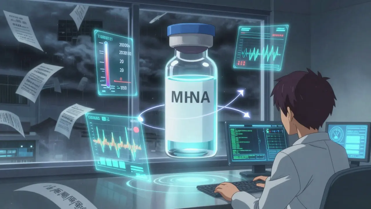 A holographic mRNA vial is monitored by floating sensors, while regulatory warning letters swirl like dragons in the background.