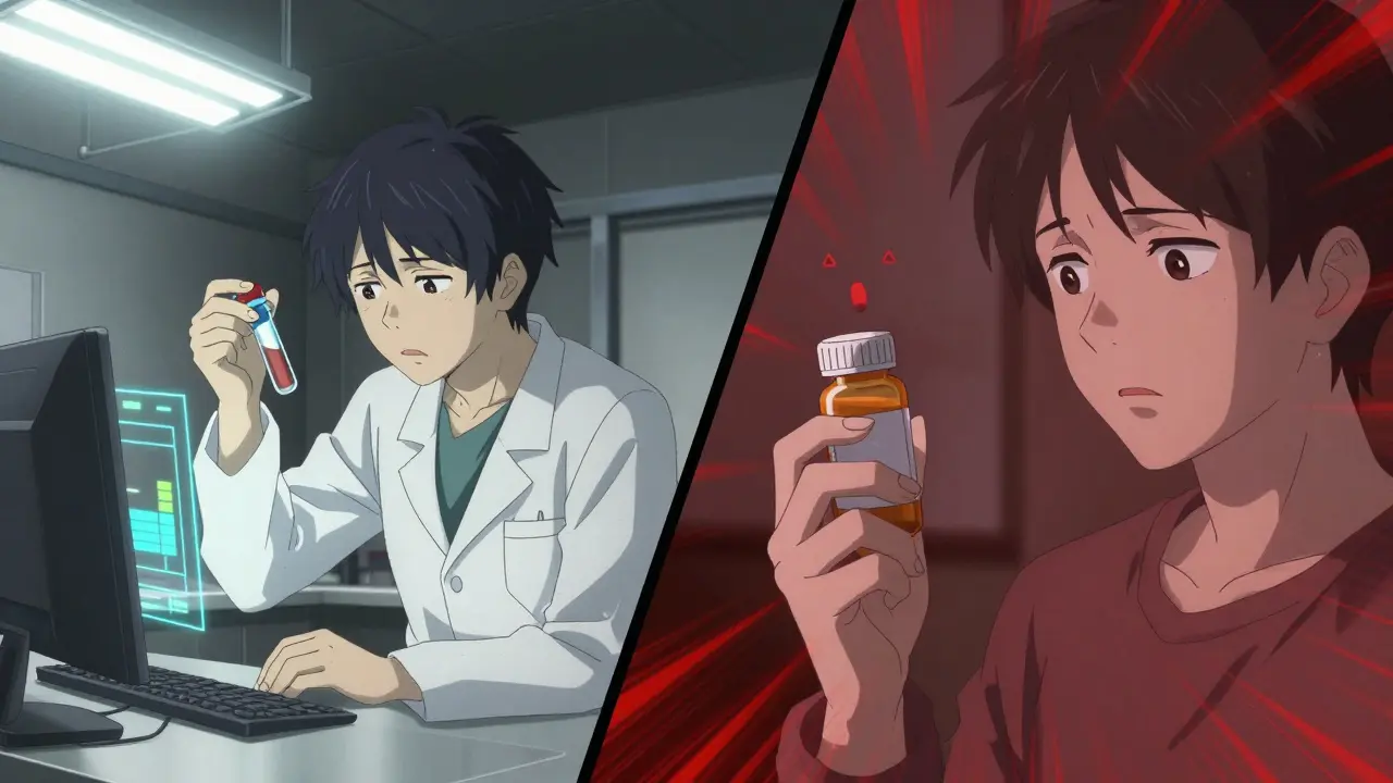 A lab technician analyzing drug samples while a patient looks worried at their prescription bottle.