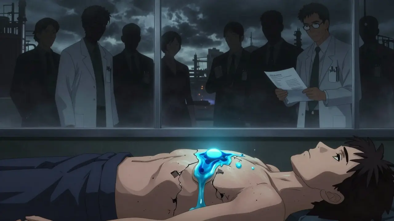 A leaking fentanyl patch on skin, with shadowy inspectors behind glass and factory silhouettes.