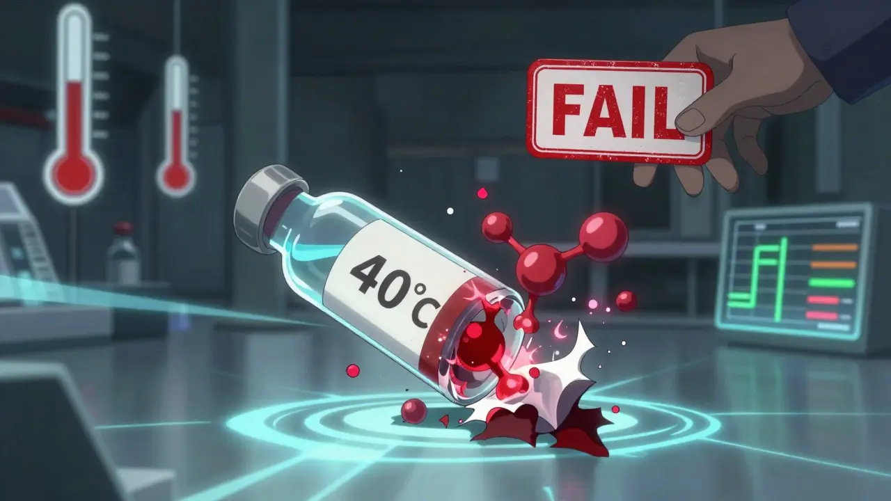 A medicine vial shatters under accelerated heat stress, with molecular impurities glowing red as a 'FAIL' stamp appears above.