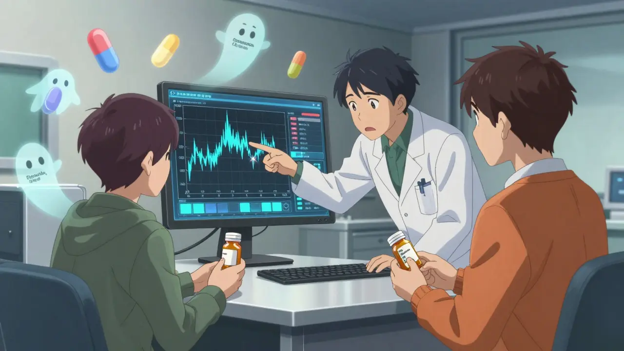 A neurologist and patient in a clinic, with floating pill shapes and blood level graphs showing dangerous fluctuations.