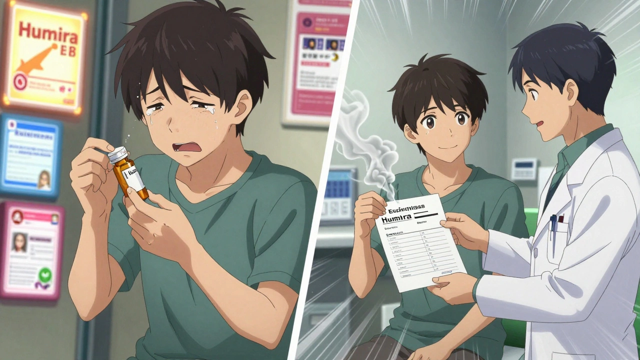 A patient torn between brand-name drug ads and a doctor offering a biosimilar with equal effectiveness.