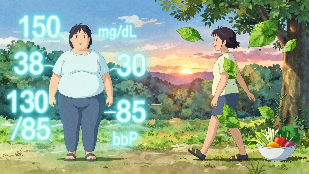 A person transforming from unhealthy state to healthy lifestyle with floating medical numbers turning into nature.