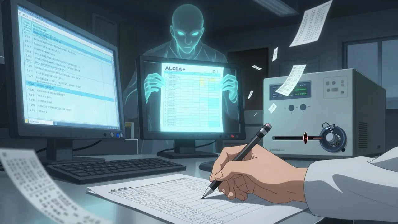 A technician erasing batch records while a spectral FDA figure watches over fading compliance data.