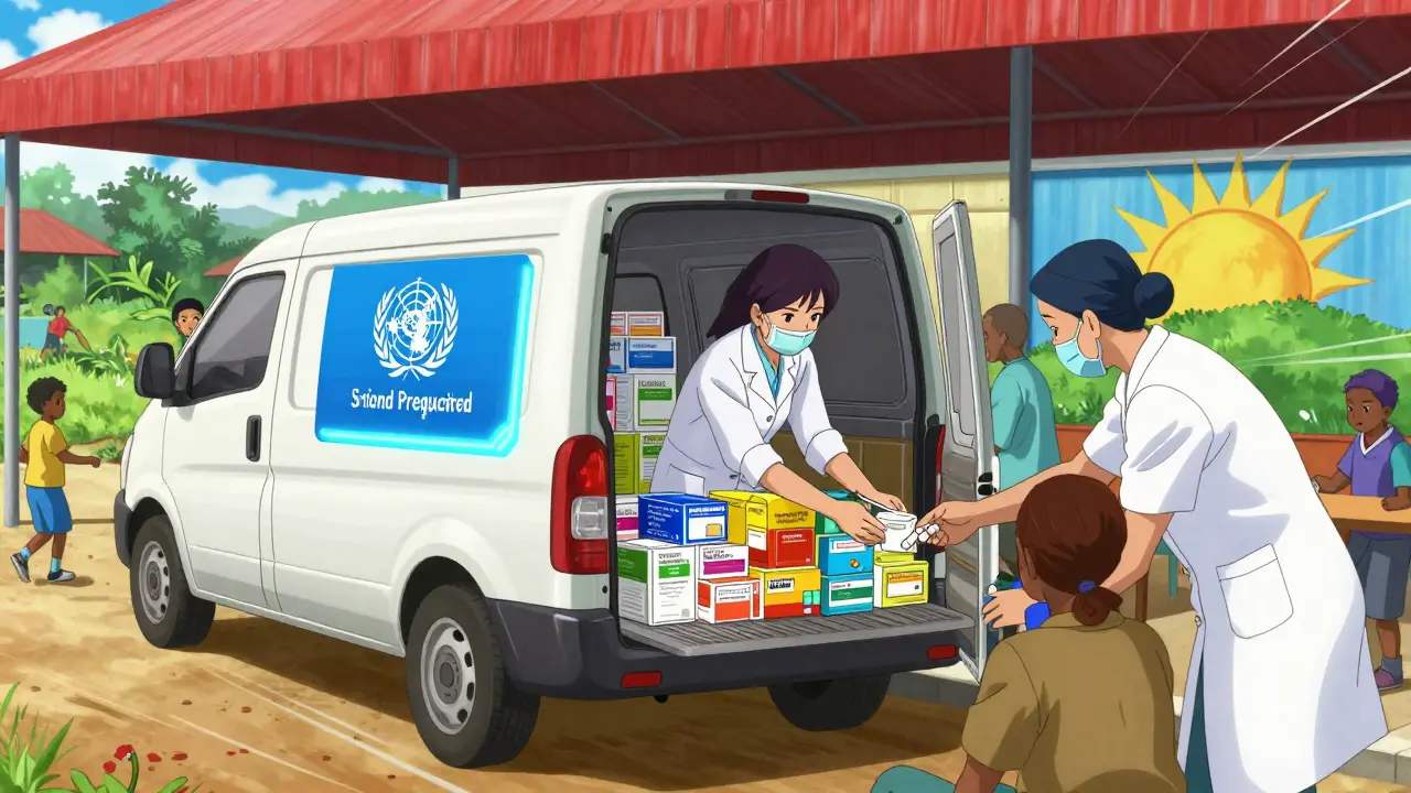 A vibrant Rwandan clinic receives generic medicines from a solar-powered van, staff distributing pills to patients.