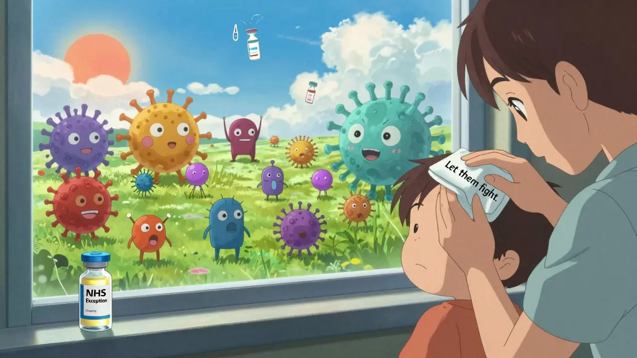 An anime-style immune system battle with a parent soothing their child as dawn breaks.