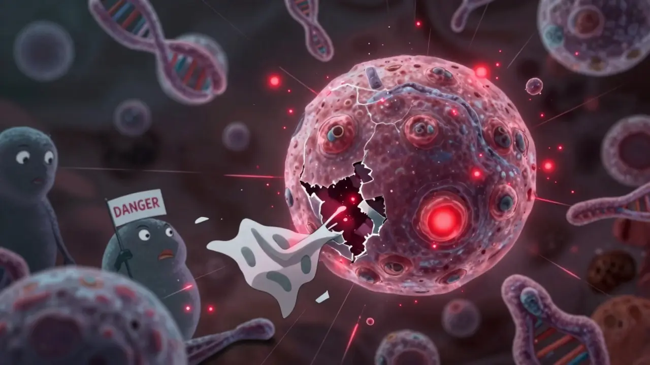 Cancer cell bursting during failed division, surrounded by immune and repair cells.