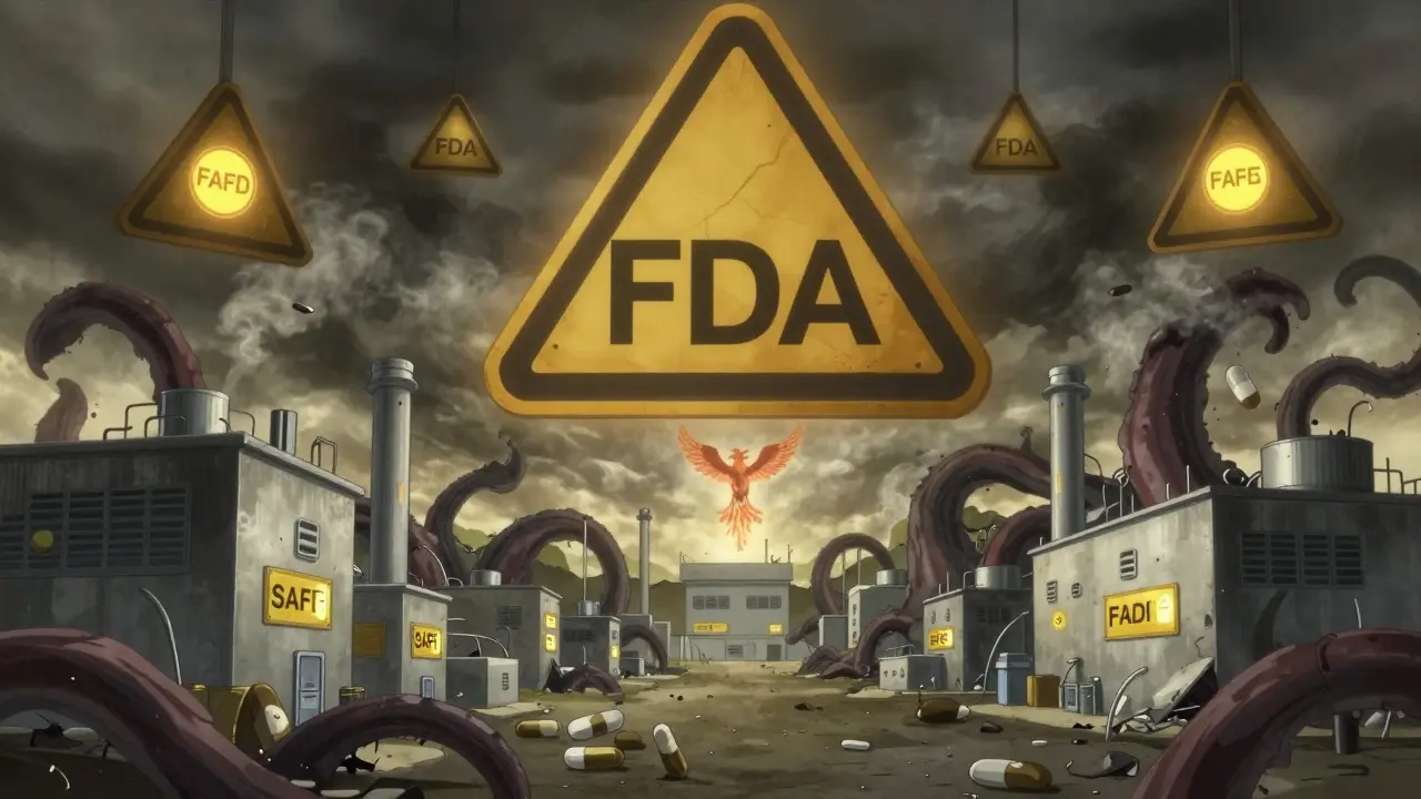 Crumbling drug factories under FDA warnings, with reformulated pills rising like phoenixes.
