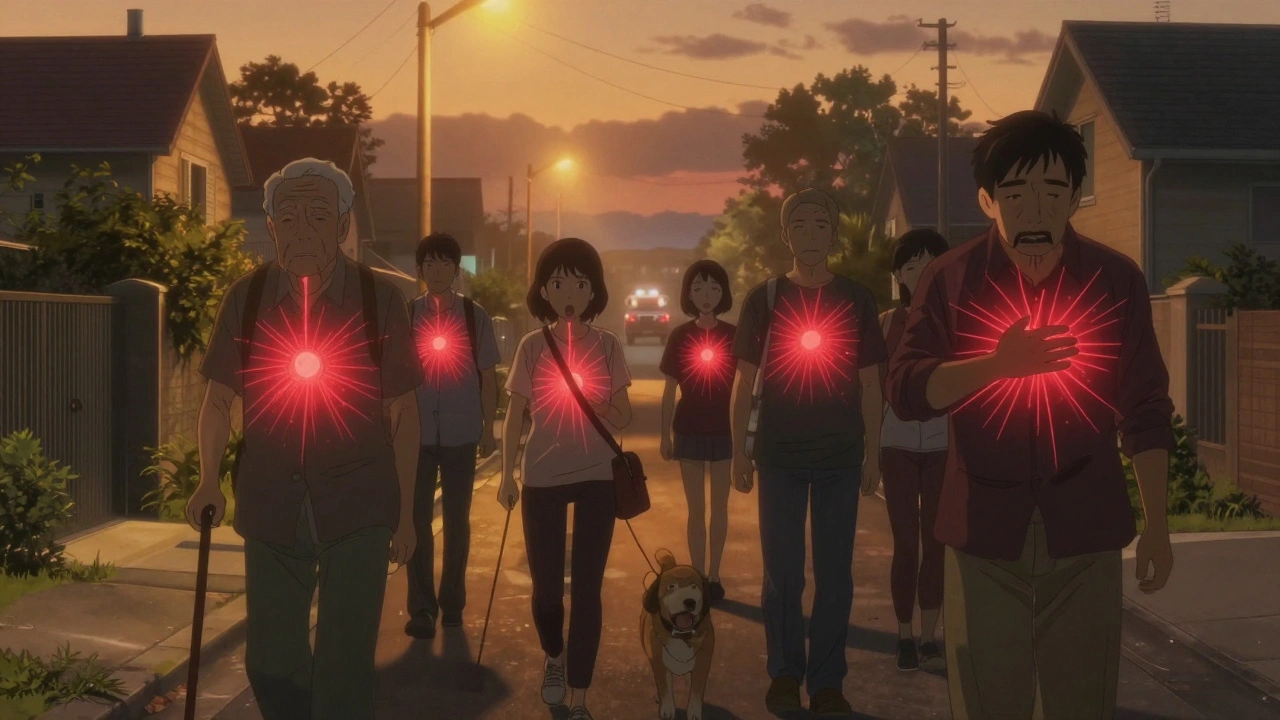 Diverse individuals experiencing hidden heart attack symptoms under twilight streetlights.