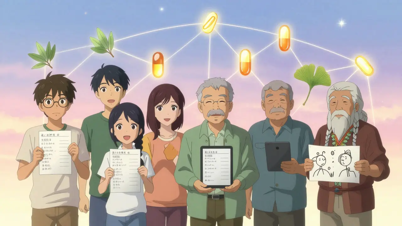 Diverse people holding medication lists connected by glowing threads with cultural symbols in the background.