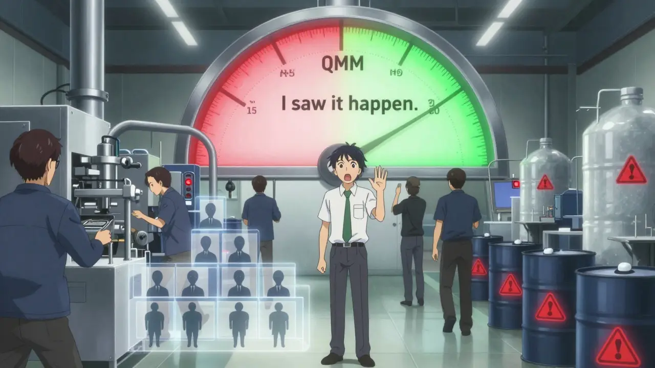 Factory workers rushing past untested materials as a quality officer tries to stop production amid corporate indifference.