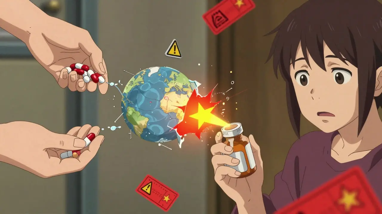 Global drug supply chain ending at a patient's trembling hand holding a recalled pill bottle.