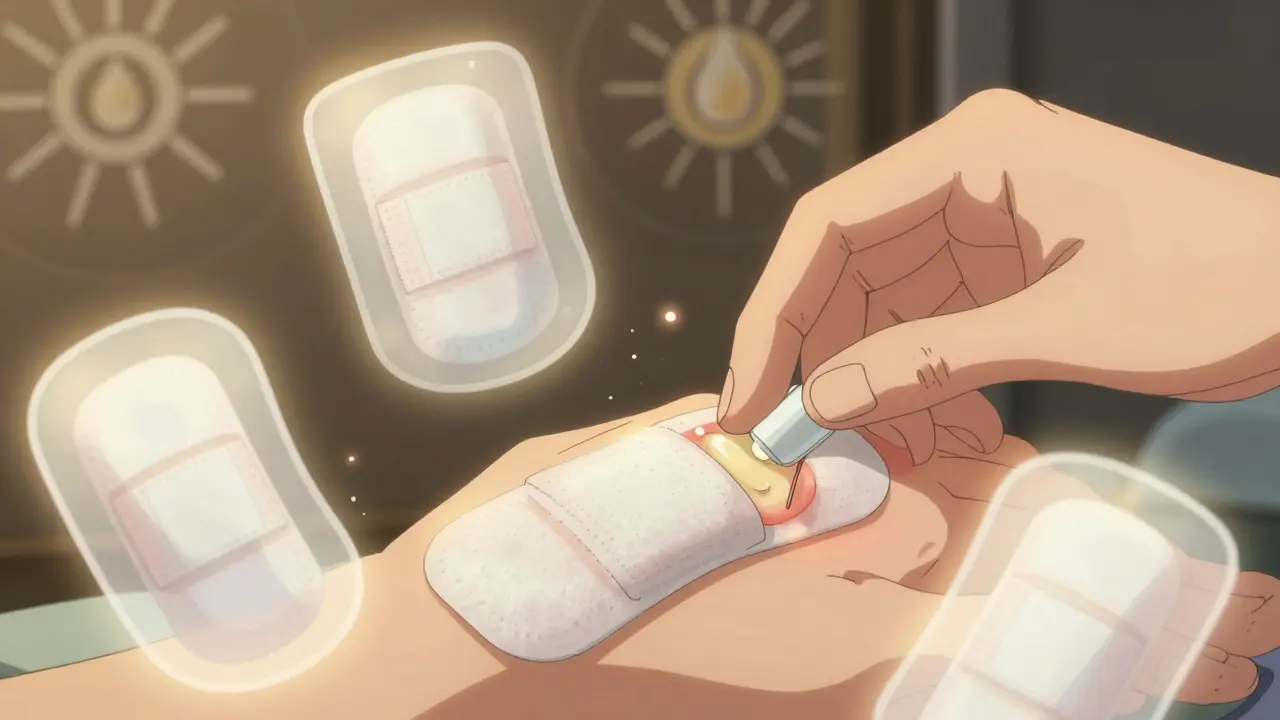 Hand applying petroleum jelly to a healing wound with glowing, floating medical dressings around it.